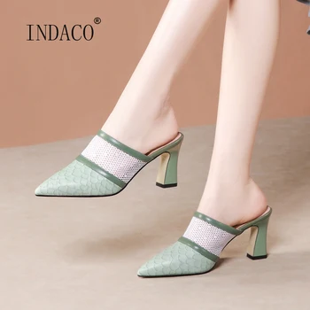 

New Women Slipper High Heels Leather Green Women Shoes Summer Fashion Pointed Toe 7cm
