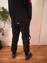 Pantalones Cargo de harén con bolsillos laterales para hombre, pantalón negro de Hip-Hop, informal, a la moda, ropa de calle, 2020 cintas