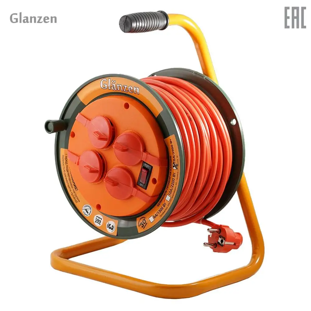 Силовой Удлинитель на катушке GLANZEN 4 гн. ПВС 3х1, 5 IP44 арт. ЕВ-30-008