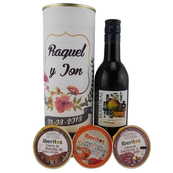 

6 pcs/personalized tin with Red wine Mayoral, cream morcilla's, lomo healed and cema de salchichón cream