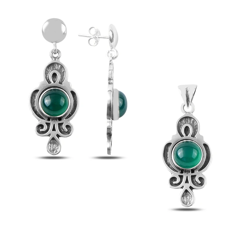 

Silver 925 Sterling Green Agate Stone Handwork Set