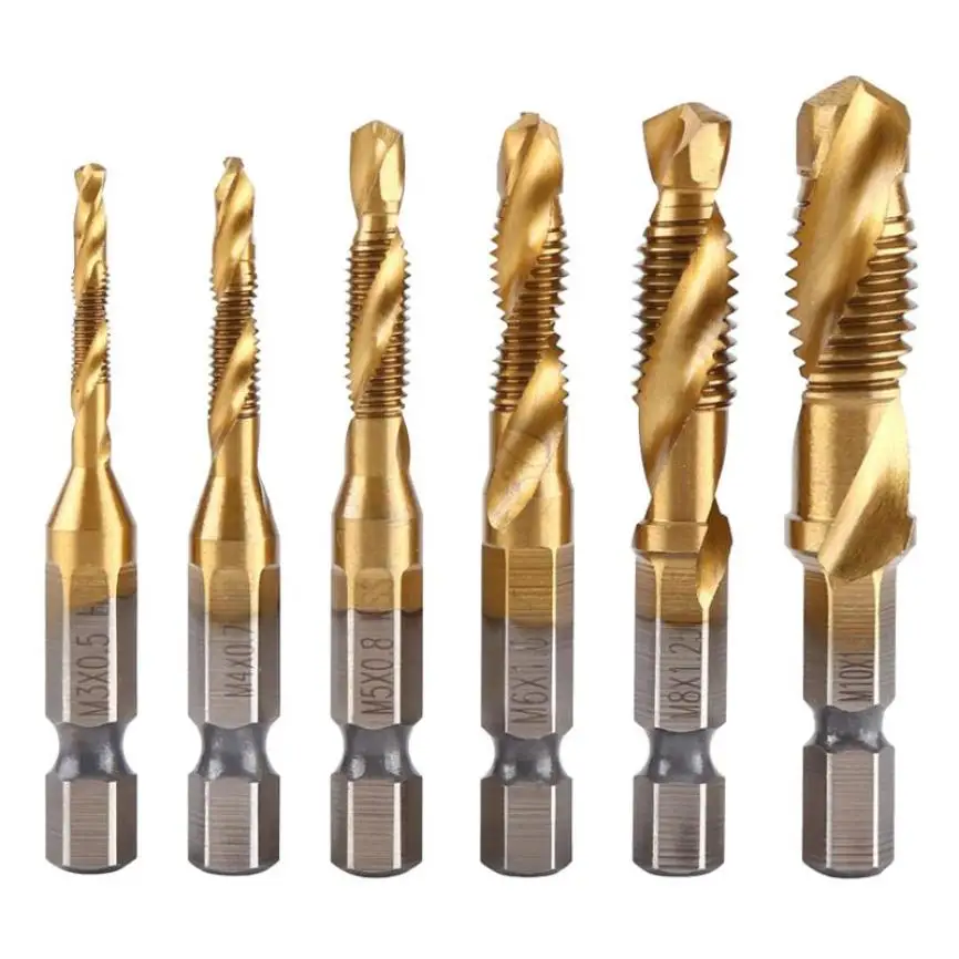 

6Pcs M3-M10 Hex Shank Titanium Plated HSS Screw Thread Metric Tap Drill Bits Quickly Replace Compound Cone Metalworking