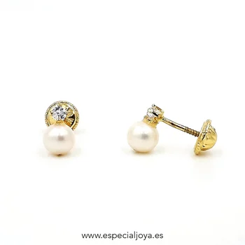 

PENDIENTES DE NIÑA DE ORO DE 18 KILATES CON PERLA NATURAL Y CIRCONITA, CIERRE TUERCA A ROSCA INFANTIL