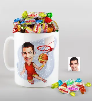 

Personalized Men Basketball Player Caricature Of mug And Haribo Fruitbons Candy Gift set