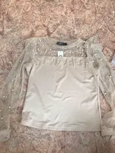 Blusa de manga larga ahuecada con volante elegante para otoño, camisa Sexy de malla transparente con cuentas y cuello redondo para mujer