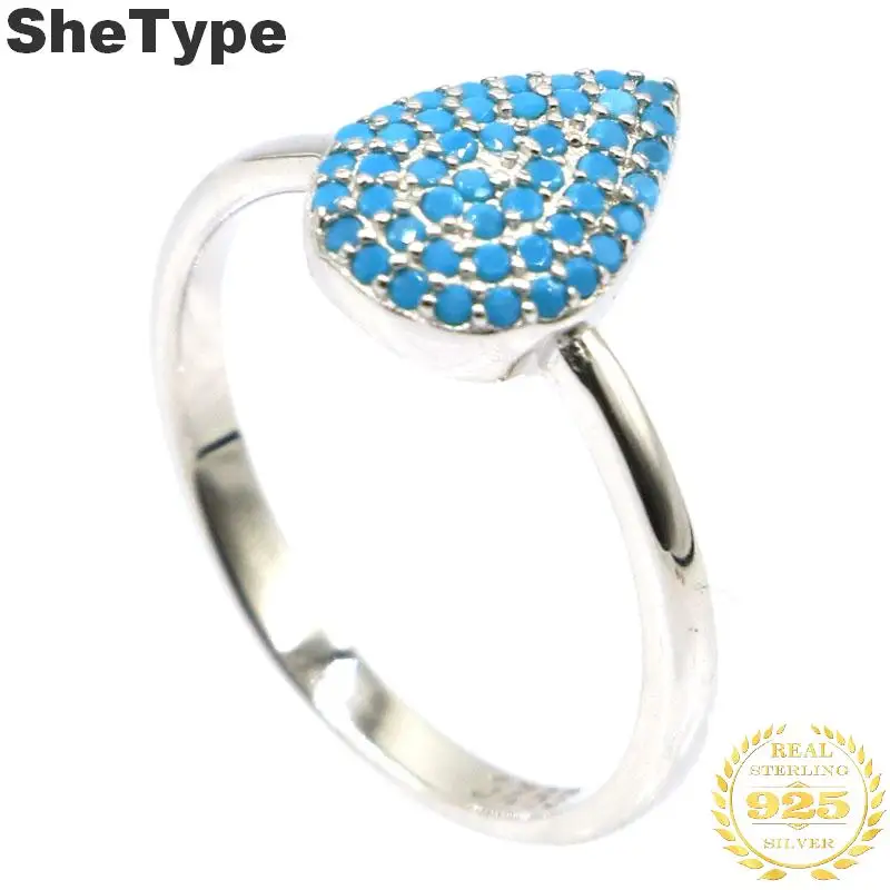 

11x9mm 2019 Simple Style 1.7g Created Blue Turquoise Drop Shape Gift For Girls 925 Solid Sterling Silver Rings
