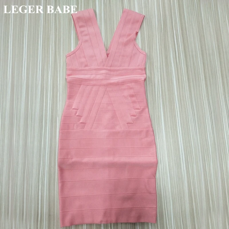 

LEGER BABE Newest Pink Women Summer Dress Sexy V Neck Bodycon Bandage Dress Zip Back Celebrity Party Vestidos