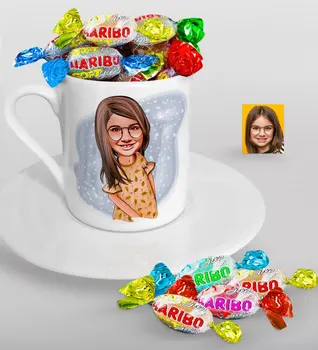 

Personalized Female Child Caricature Of Turkish Coffee cup And Haribo Candy Gift Seti-8