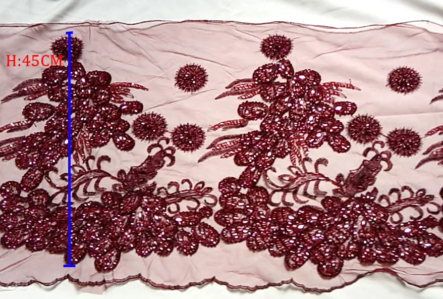Wine 45CM Светильник со склада, серый и фиолетовый/розовый/телесный, тяжелая вышитая бисером Волшебная блестка, свадебное/вечернее платье, кружевная ткань 4" Ширина 1 ярд - Цвет: Wine 45CM
