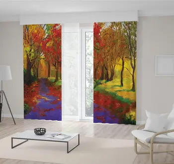 

Curtain Maple Trees in Autumn Countryside Colorful Nature Scenery Oil Painting Art in Gold Green Purple and Red