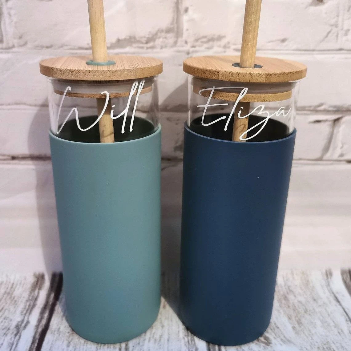 Personalised Drinking Glass, Bamboo Lid Organic Reusable Cup, Glass