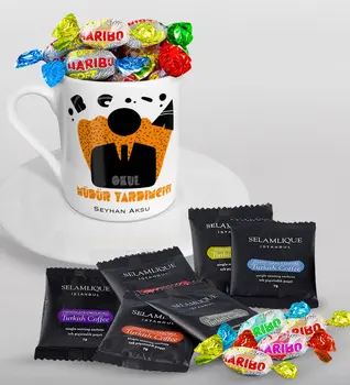 

Personalized School Assistant Manager Turkish coffee Cup Selamlique Mixed Turkish Coffee House and Haribo Candy Gift Seti-2