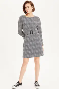 

Women Autumn Dress 2020 Casual Sexy Gray Long Sleeve Slim Fit Checked Belted Comfortable Midi Dress Design Special Day Hot Sale