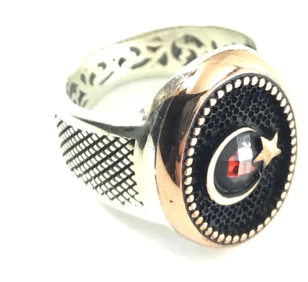 

LARGE MIDDLE ROUND BLACK STONE MOON STAR RED CHIC STONE ORNAMENTAL CHARISMATIC RING 925 SILVER Muslim Ring
