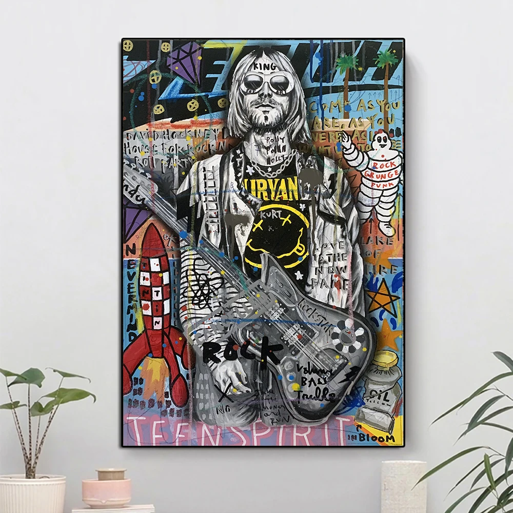 Poster and Prints Graffiti Street Art Rock singer Kurt Cobain Canvas Painting Pop Wall Picture For Living Room Home Decor | Дом и сад