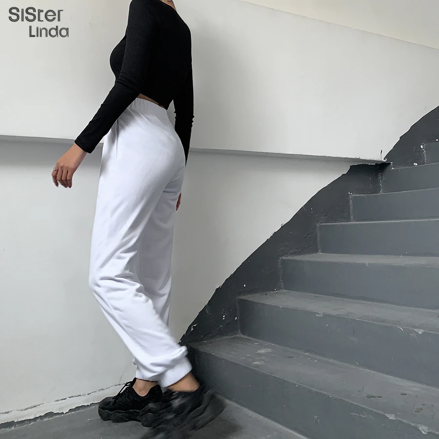 Sisterlinda, хлопок, высокое качество, женские штаны, одноцветные, свободные, спортивные, высокая талия, тренировочные брюки, Mujer,, новые, для улицы, для спортзала, штаны