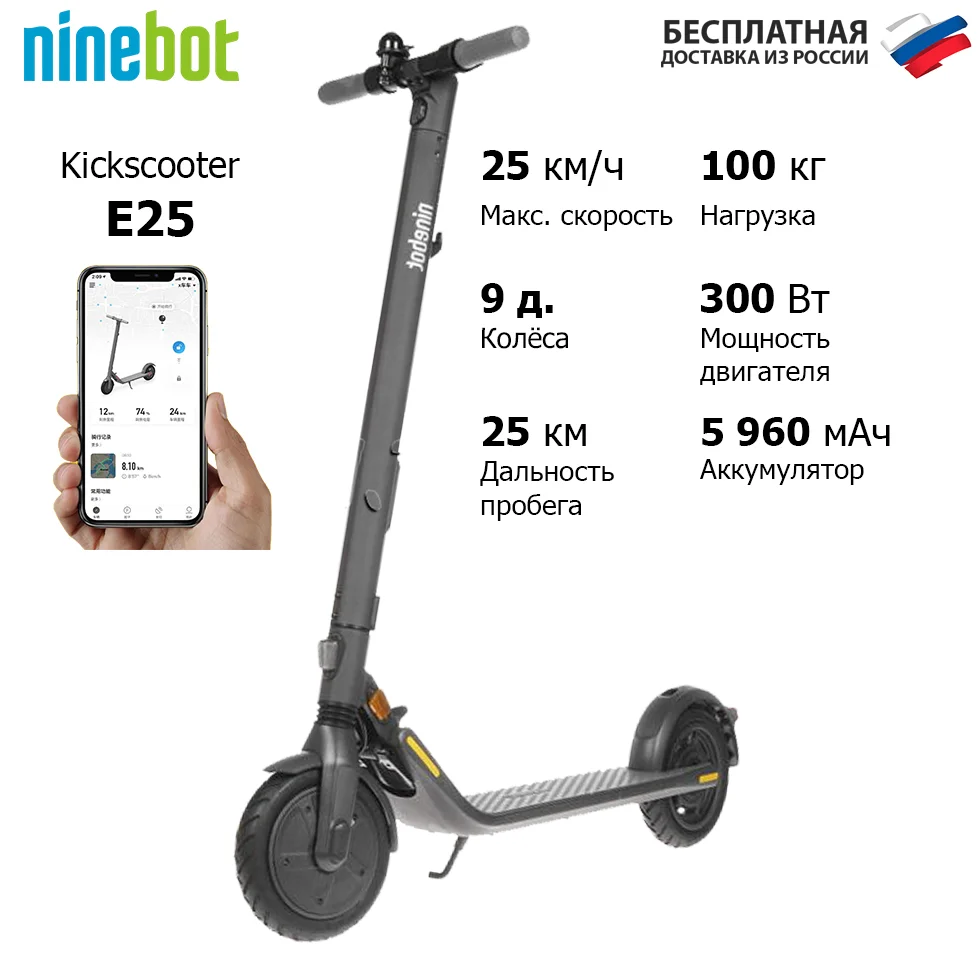 Электросамокат Ninebot by Segway Kickscooter E25 (Grey EU) Мощность 300 W Аккумулятор- 5960 mAh | Спорт и