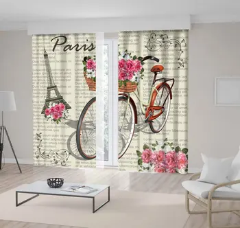 

Curtain Bicycle Basket Filled with Roses Eiffel Tower Paris Images on Newspaper Pink Green Gray Classic Artwork Printed