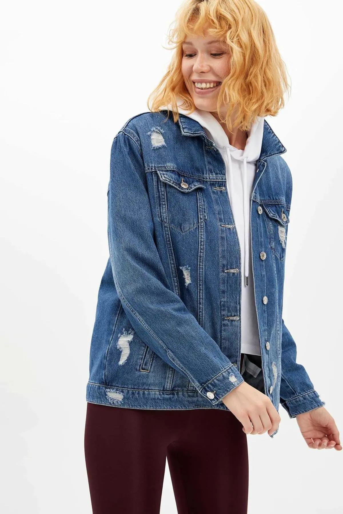 

DeFacto Woman Casual Jean Jacket Blue Worn Lapel Collar Pocket Button Long Sleeves Female Denim Coat Autumn New - J4289AZ19AU