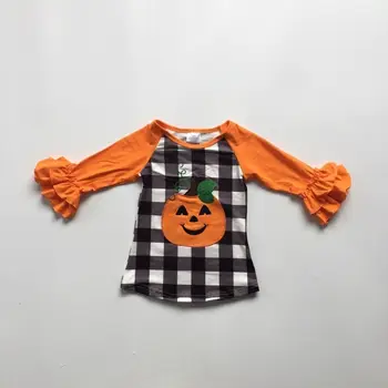 

children girls Fall / Autumn raglans Girls Halloween pumpkin face top long sleeve top with ruffle