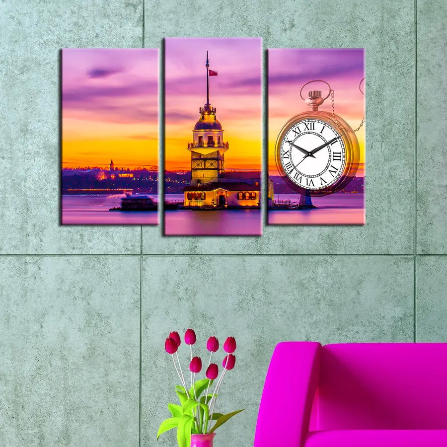 

3 PCS With Clock Turkey Istanbul Maiden's Tower Painting Canvas Table 81X50 CM