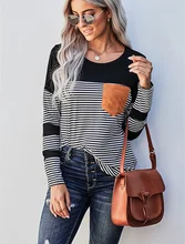 Striped Pocket T Shirt Long Sleeve Top 2021 Spring Autumn Women Tee Shirts Casual O-neck T-shirt Female Loose Tops Patchwork Tee