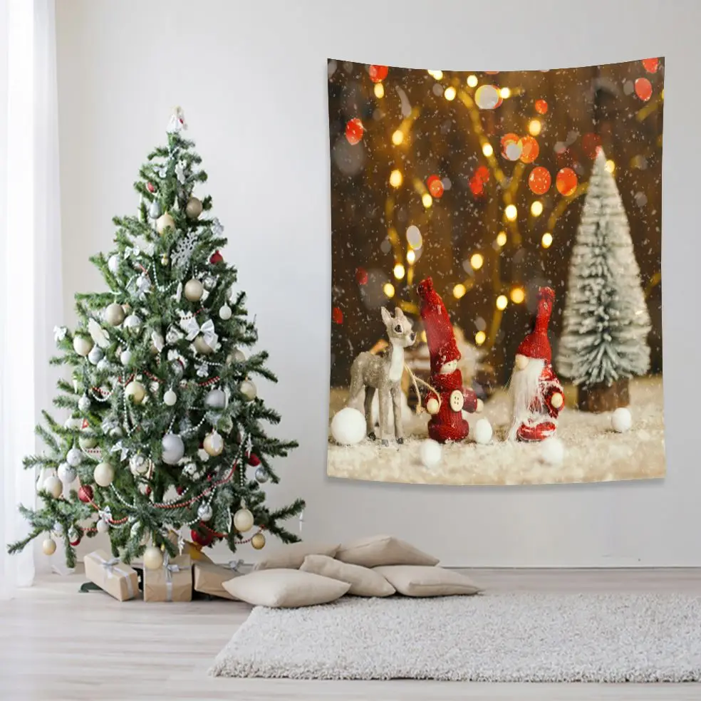 

Tapestry Santa Claus and Pine Tree On Snow Bokeh With Light Romantic Christmas Scene Printed Red White Yellow