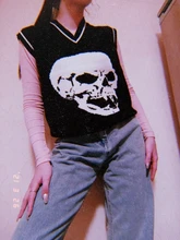 Rapcopter-suéteres Y2K para mujer, suéteres de calaveras con cuello de pico, blusas de punto azules informales holgadas, ropa de calle Retro para mujer, Tops de punto 2020