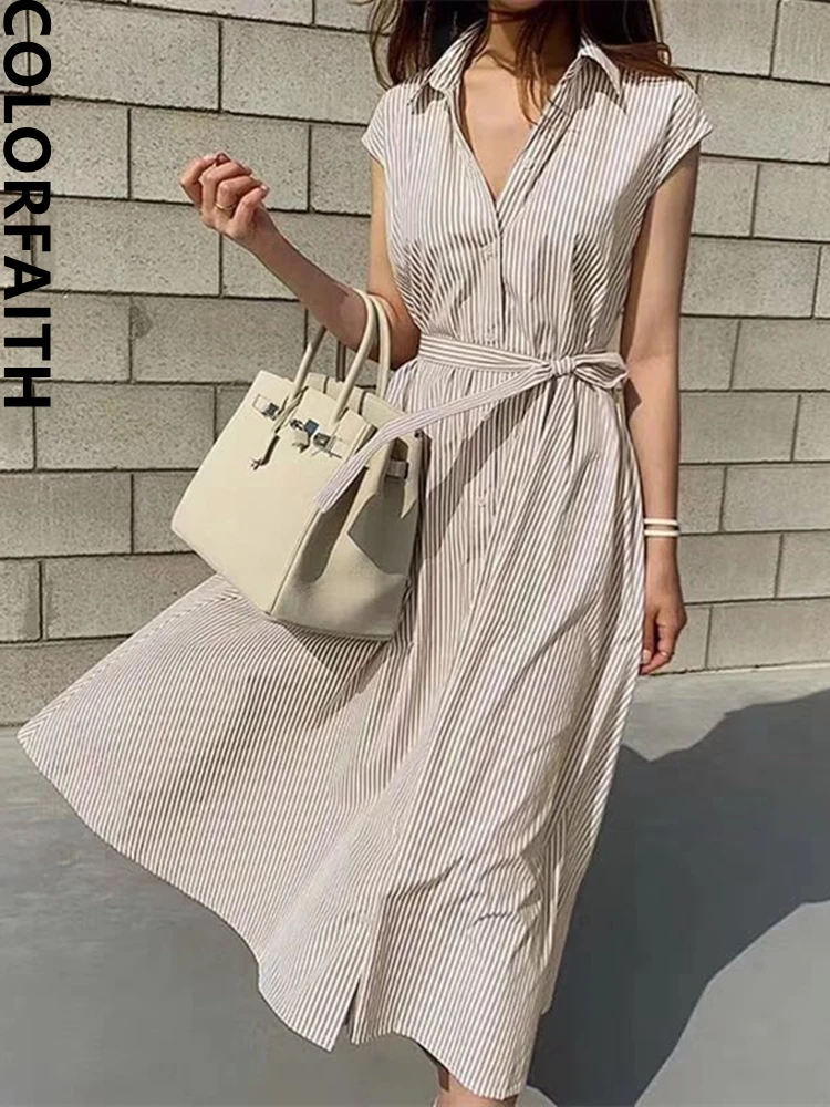 Colorfaith New 2022 Women Striped Reglan Sleeve Shirt Dress
