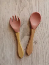 Bopoobo-tenedor de bambú para bebé, cuchara de alimentación de bebé de madera de silicona, accesorios de alimentación para niños pequeños, grado alimenticio orgánico sin BPA, 2 uds.