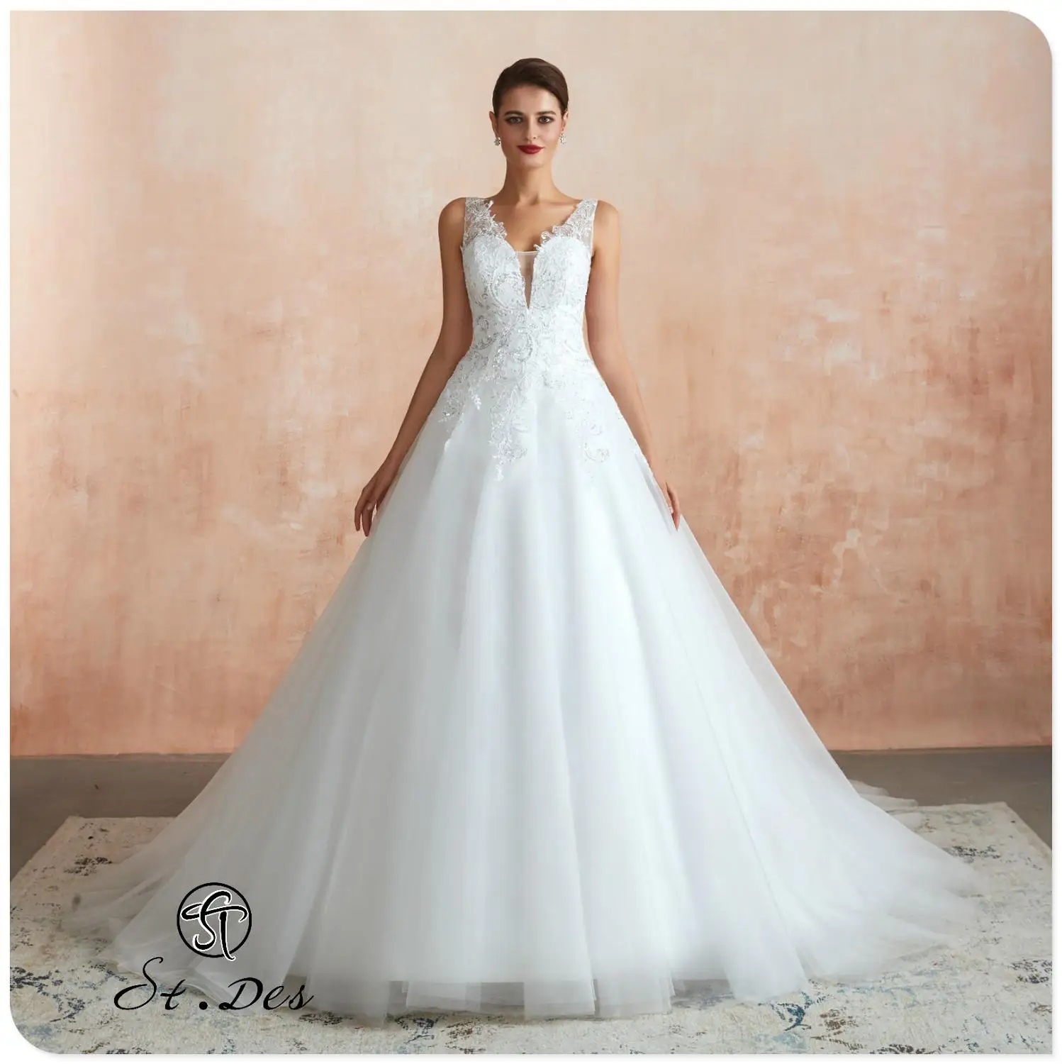 

NEW 2020 St.Des Ivory A-line V-neck Russian Sweetheart Sleeveless Lace Flower Floorlength Designer Elegant Wedding Dress