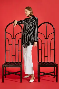

Koton Women White Vintage Lapel Long Sleeve Striped Tunic 0 YAK68492GW