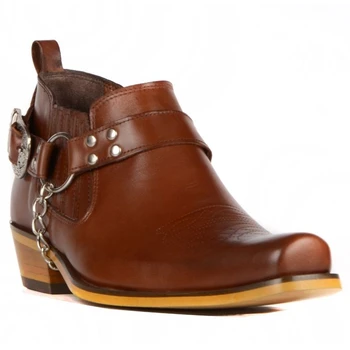

FootCourt- Tan Cowboy Shoes Tobacco Western Ankle Boots Genuine Leather Bandit Toe Motorcycle Shoes Removable Buckled Harness