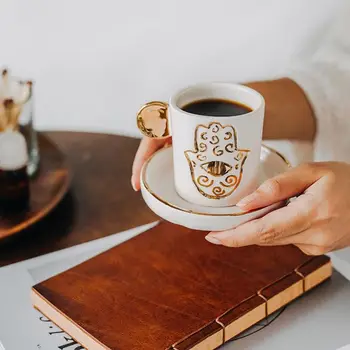 

Real Gold Detailed Handmade Fatima's Hand Hamse Stylish Espresso Turkish Coffee Cup