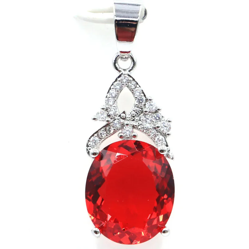 

34x12mm Beautiful Created Oval Red Blood Ruby Natural CZ Gift For Girls Silver Pendant