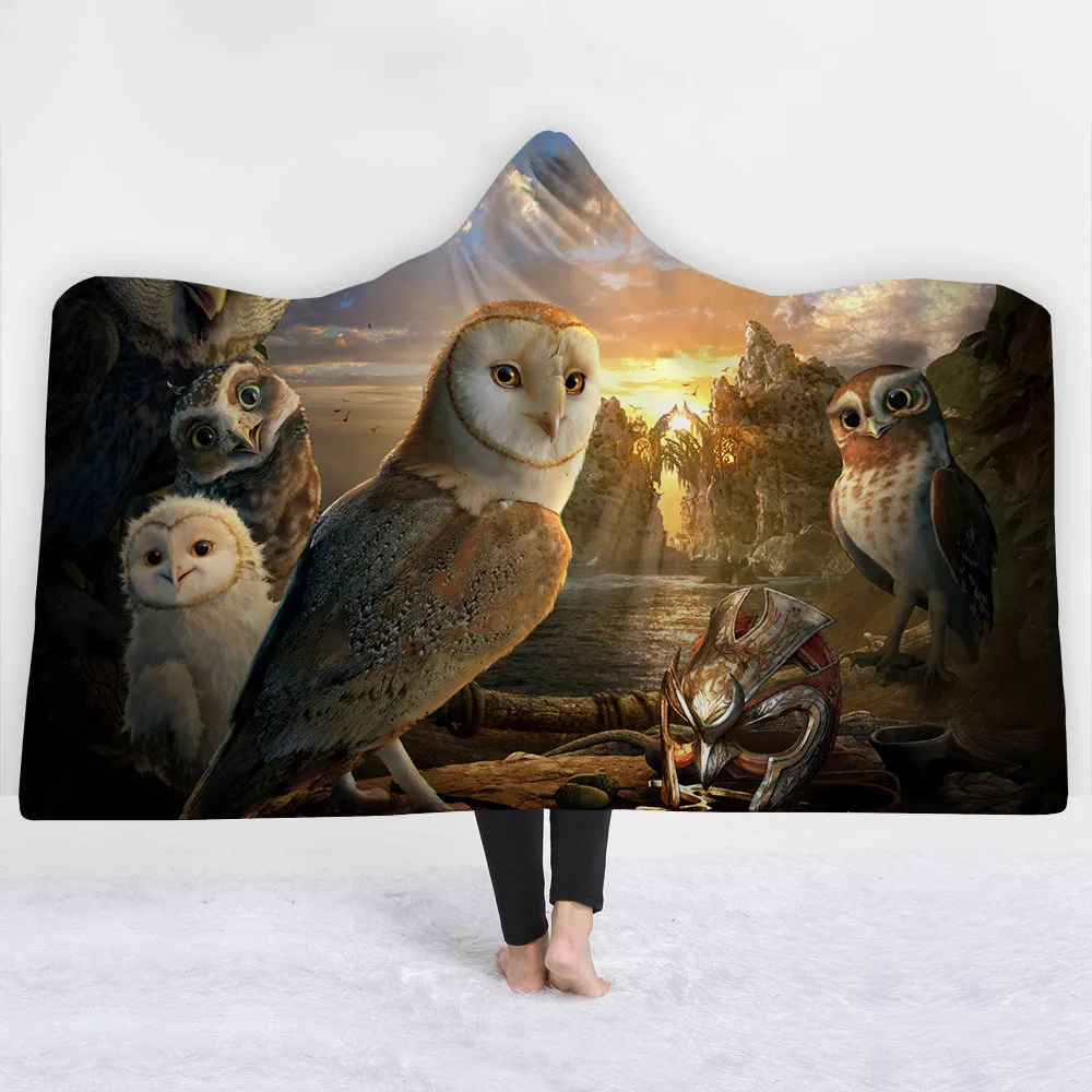 Owl-Printed-Hooded-Blanket-Coral-Fleece-Sherpa-Plush-High-Quality-Microfiber-Fabric-Throw-Blankets-Wearable-Travel