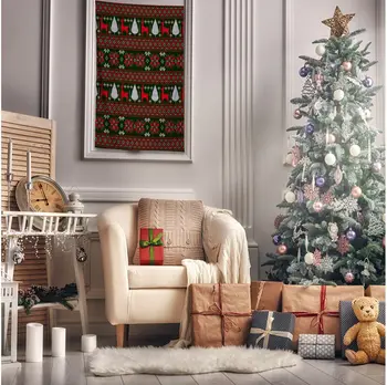 

Tapestry Knitted Christmas Pattern of Small Trees Reindeers Floral Traditional Folk Art Printed Green Red White