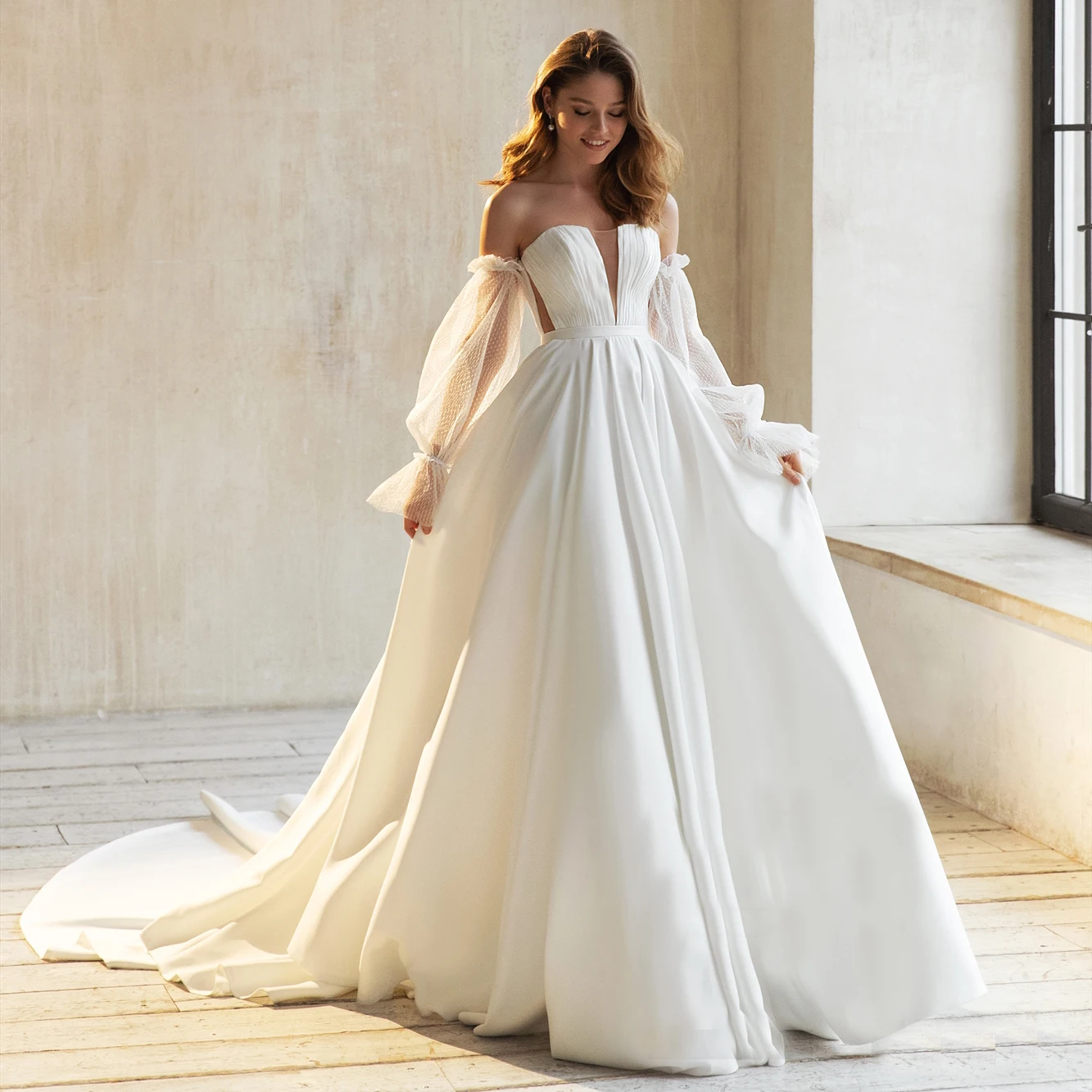 T242022_Alluring Romantic Tulle Mermaid Gown with Strapless Sweetheart  Neckline and Detachable Bishop Sleeves