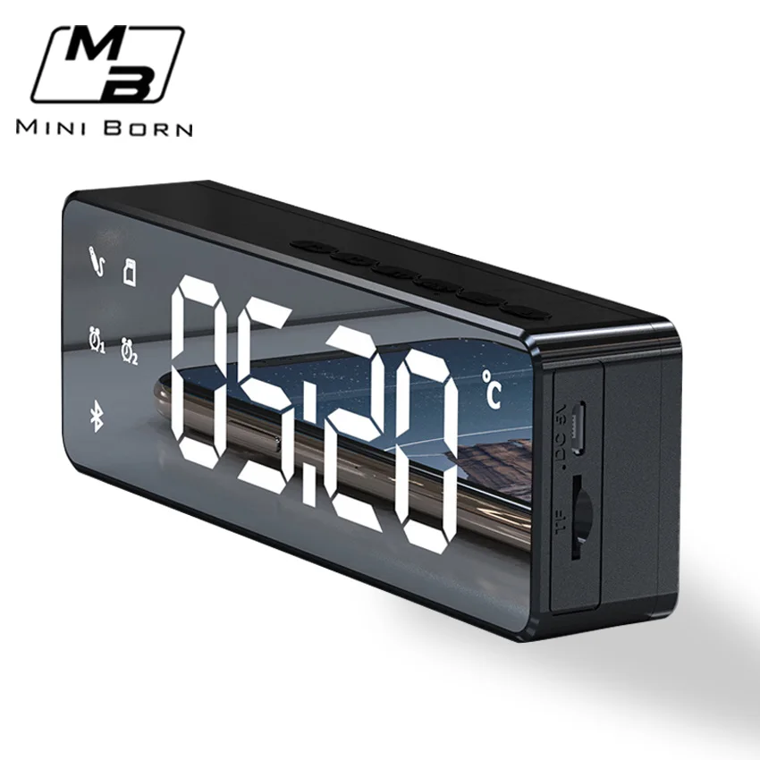 

Mini Born Wireless Bluetooth Speaker LED Double Alarm ClockÂ Portable Mini Speaker Super Bass Stereo Speakers Support FM TF AUX