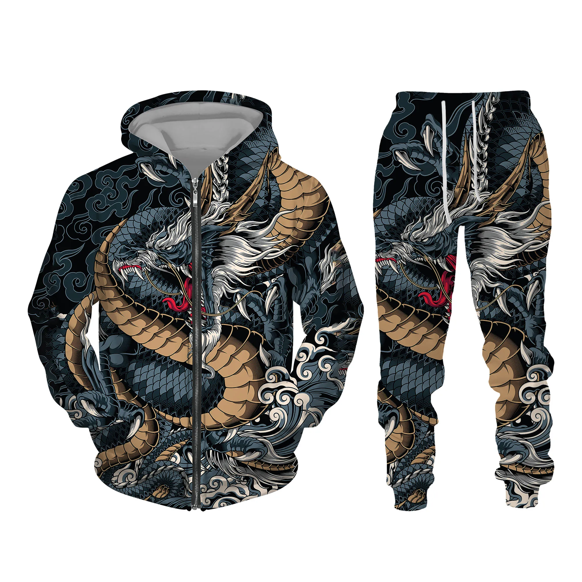 Autumn 3D Oriental Dragon God Printed Mens Hooded Sweater Set Male Japanese Samurai Tattoo Zipper 3d Tracksuit Men Clothing Suit mens jogger sets