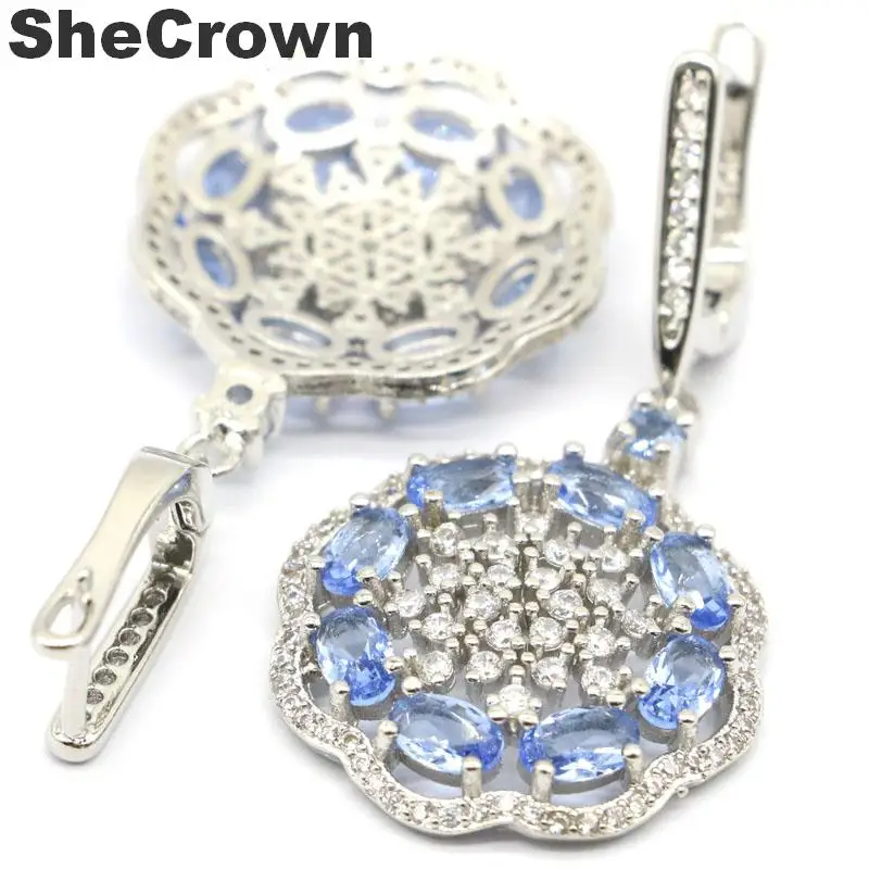 

42x21mm Fancy Created Rich Blue Violet Tanzanite Natural CZ Gift Silver Earrings