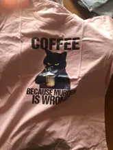 Camiseta de algodón con estampado de gato y café para mujer, blusa informal de manga corta con cuello redondo, regalo para amantes del café, 100%