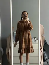 Plaid Dress Peter-Pan-Collar Long-Sleeve Autumn-Style Mori-Girl Cute Kawaii Fashion Lady