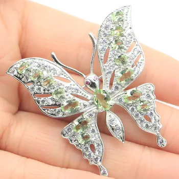 

47x45mm SheCrown Ravishing Butterfly Shape Created Green Tsavorite Garnet CZ Ladies Wedding Silver Brooch
