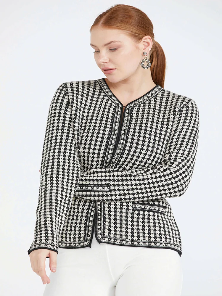 Plaid Pattern Pocketed Black Color Long Sleeve Winter Medium Size Knitwear Jacket New Fashion Office Lady Style Outwear