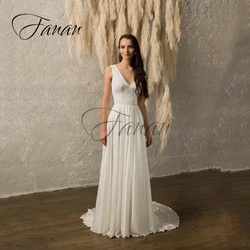 V-Neck Chiffon A-Line Wedding Dresses Backless Sweep Train Lace Appliques Bridal Gown vestidos de novia robe de mariée платье