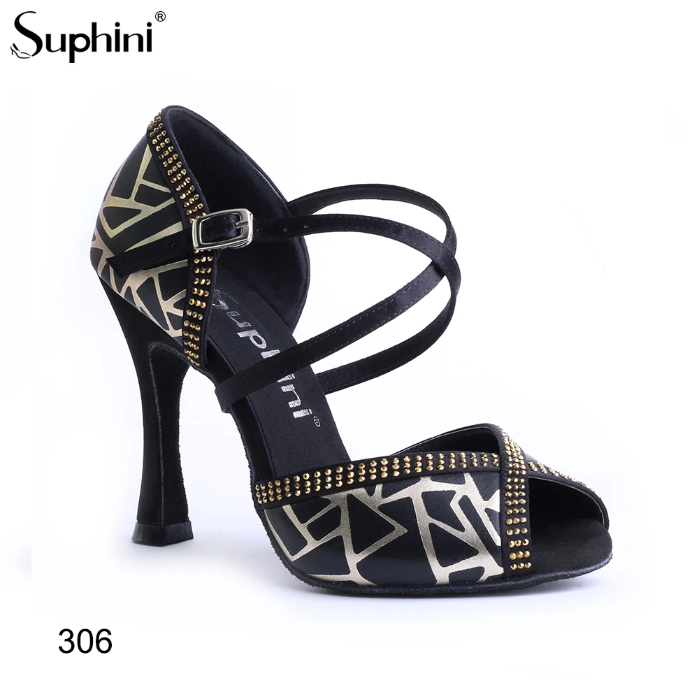 

Latin Ballroom Dance Shoes New Arrivals Suphini Black PU with Geometric Gesigns 10 cm Ballroom Salsa High Heel Dance Shoes
