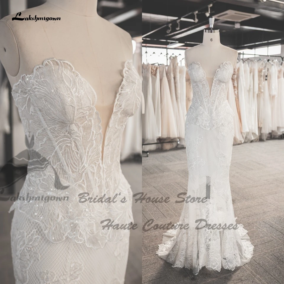 

Lakshmigown Off the Shoulder Wedding Dress Sequin Lace 2022 Sexy Bridal Bohemian Mermaid Wedding Gowns Plunging Vestido Boda
