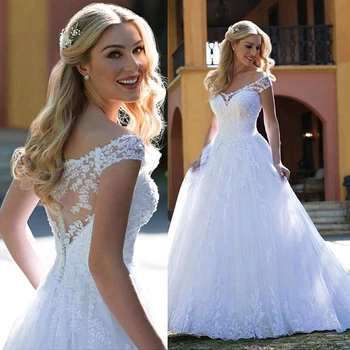 

V-neck Lace Applique Off Shoulder Elegant A-line Wedding Dress Pearls Button Back Bridal Dress vestido de novia