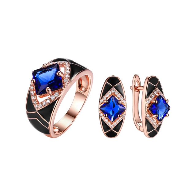 Huadie women's fashionable set of enamel decoration with zircons. Earrings and ring with a large zircon. Black enamel. new. 2022 trend Dark blue in gold